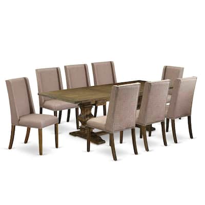 9-Piece Dinette Set - Rectangular Dining Table with Linen Fabric Chairs - Distressed Jacobean Finish - 92