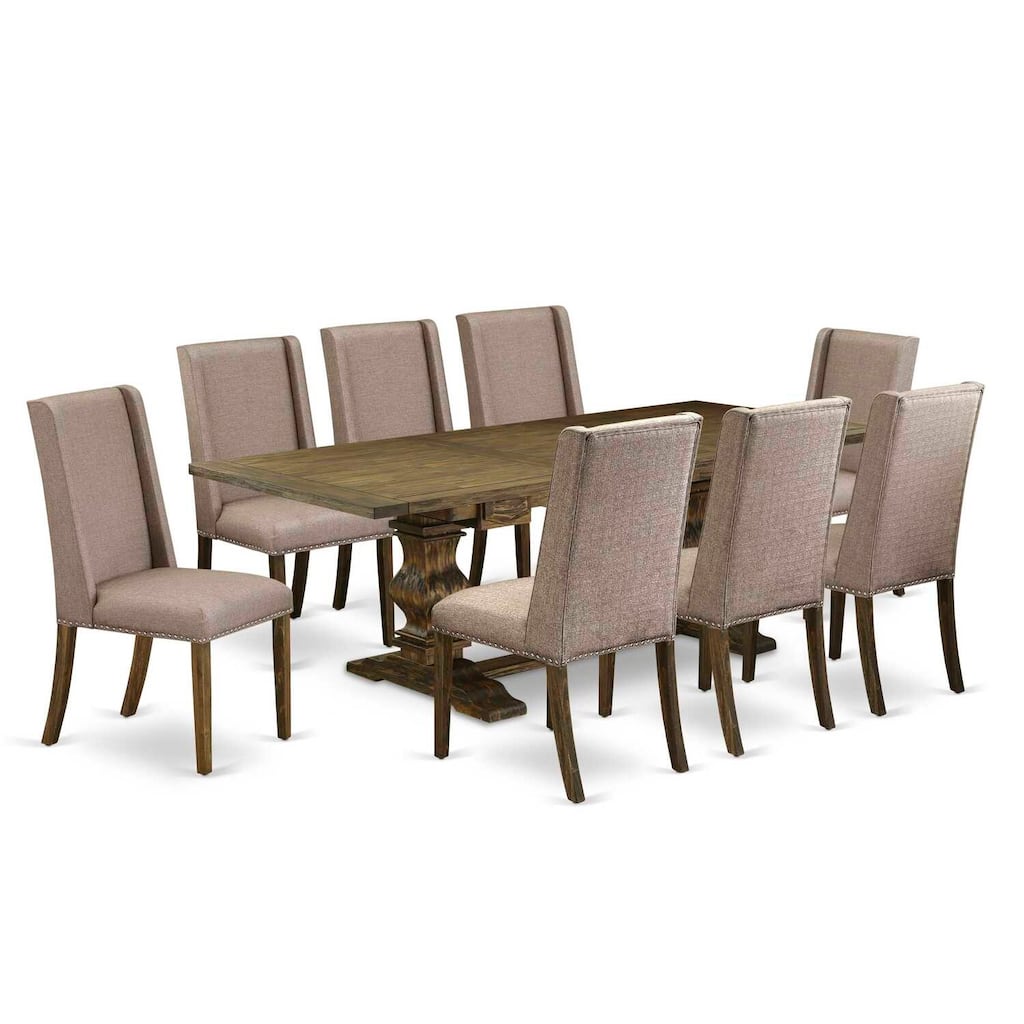 9-Piece Dinette Set - Rectangular Dining Table with Linen Fabric Chairs - Distressed Jacobean Finish - 92