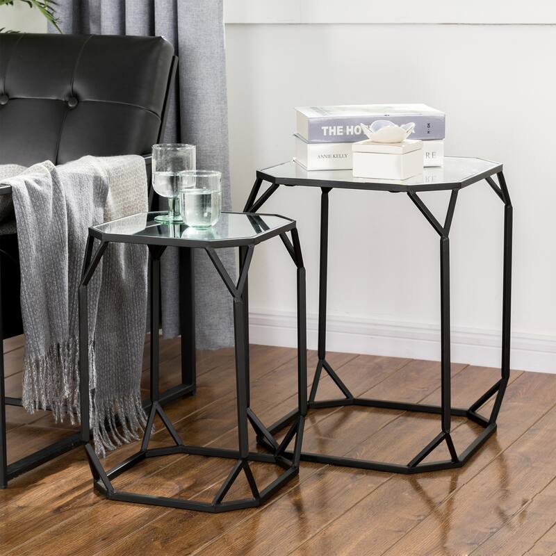 Glitzhome Modern Metal Glass Accent Table Nesting Side Table(Set of 2)