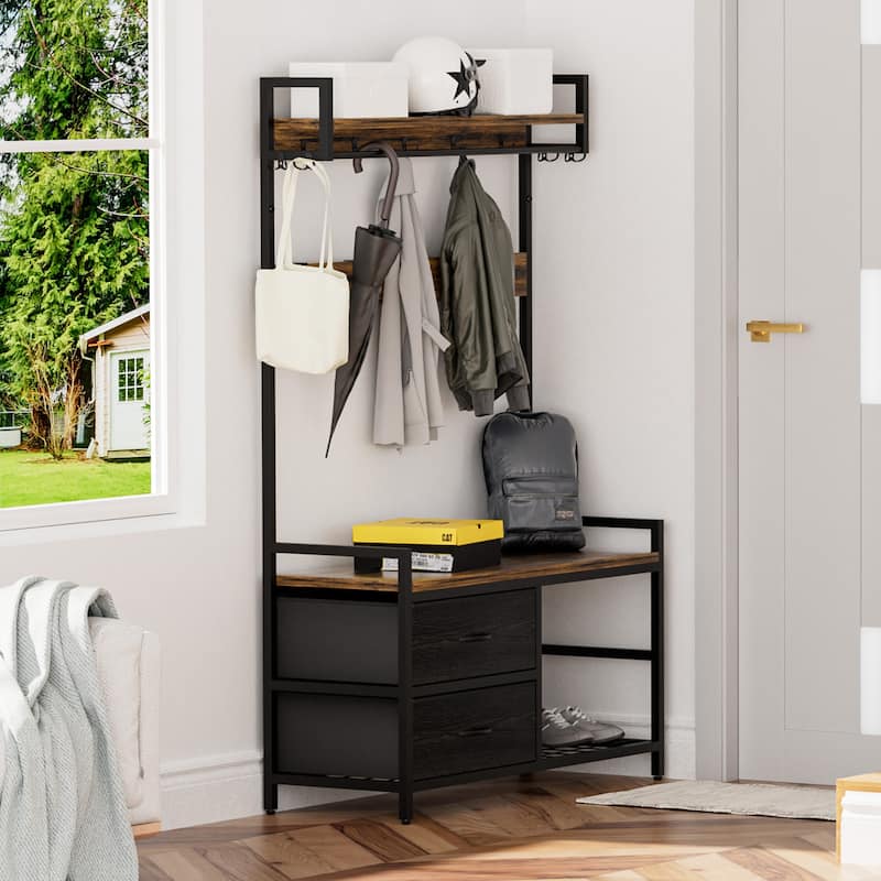 Anmytek 33.1 Inch Wide Hall Tree Entryway Bench with Shoe Storage Shelves Garment Racks 23 Hooks and 2 Movable Drawers