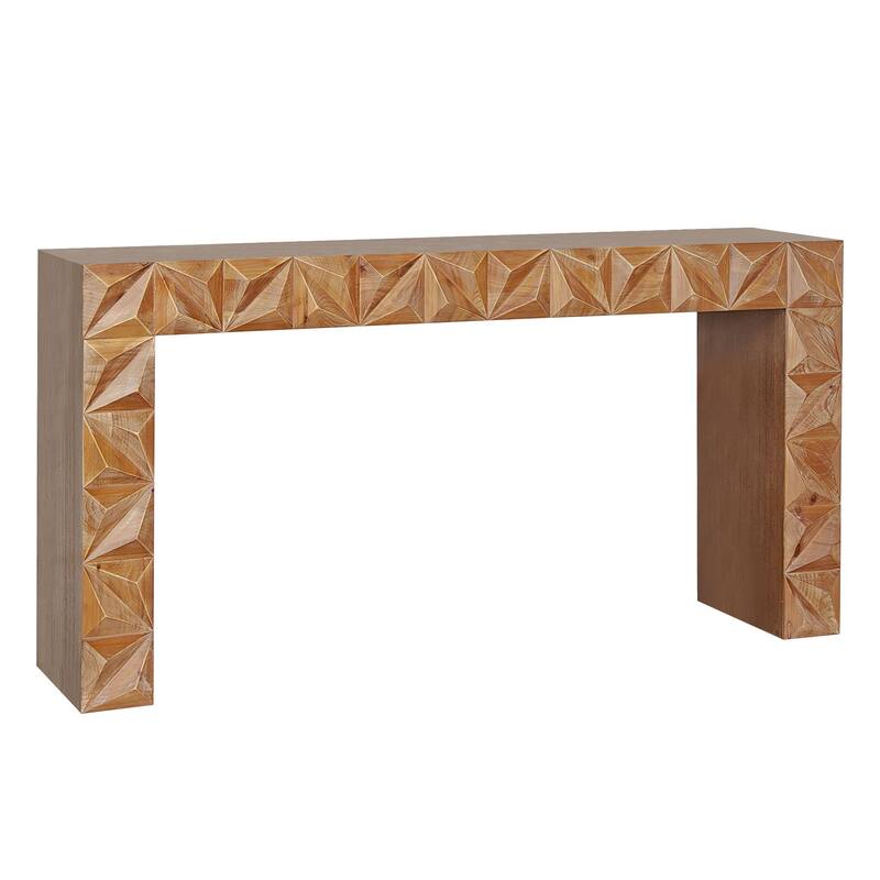 Modern Geometric Wooden Console Table - Natural Wood Finish with Handcrafted 3D Design