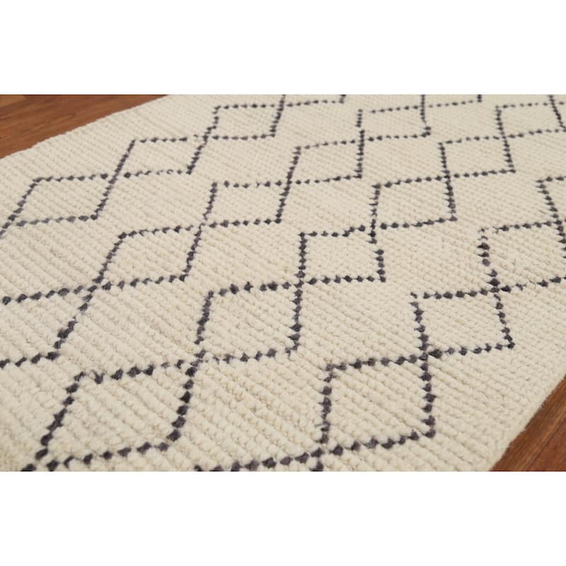 Ivory Trellis Moroccan Modern Runner Rug Handmade Wool Carpet - 2'5"x 12'7"