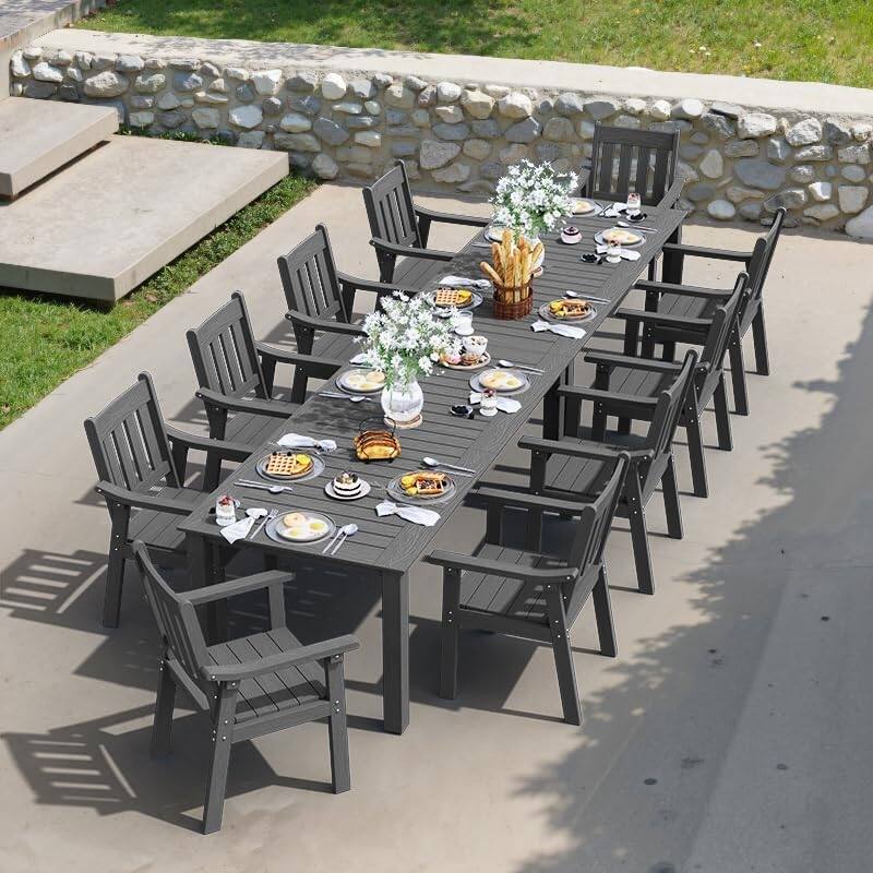 WINSOON 12-Piece HIPS All Weather Outdoor Patio Dining Sets with Umbrella Hole& Aluminum Frame,2-Table 10-Chairs