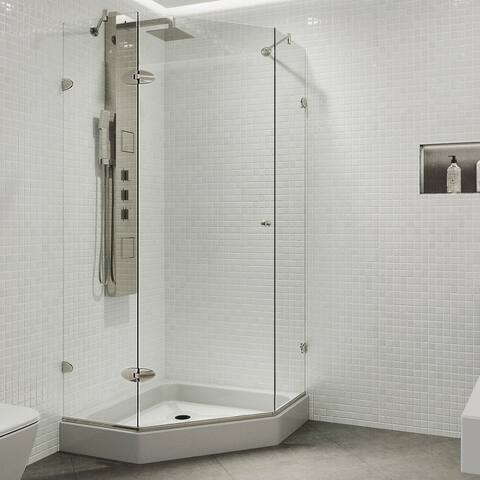 VIGO Verona Frameless Hinged Shower Enclosure in Brushed Nickel with Shower Base 5.38 in. Height