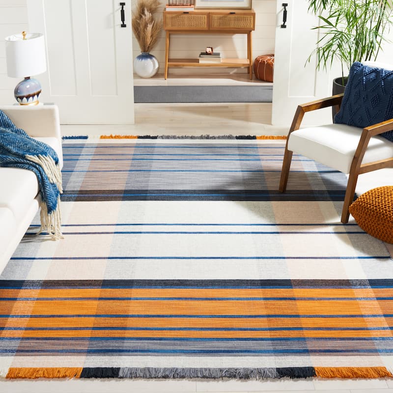 SAFAVIEH Striped Kilim Drusiana Wool Fringe Rug - 9' x 12' - Orange/Blue