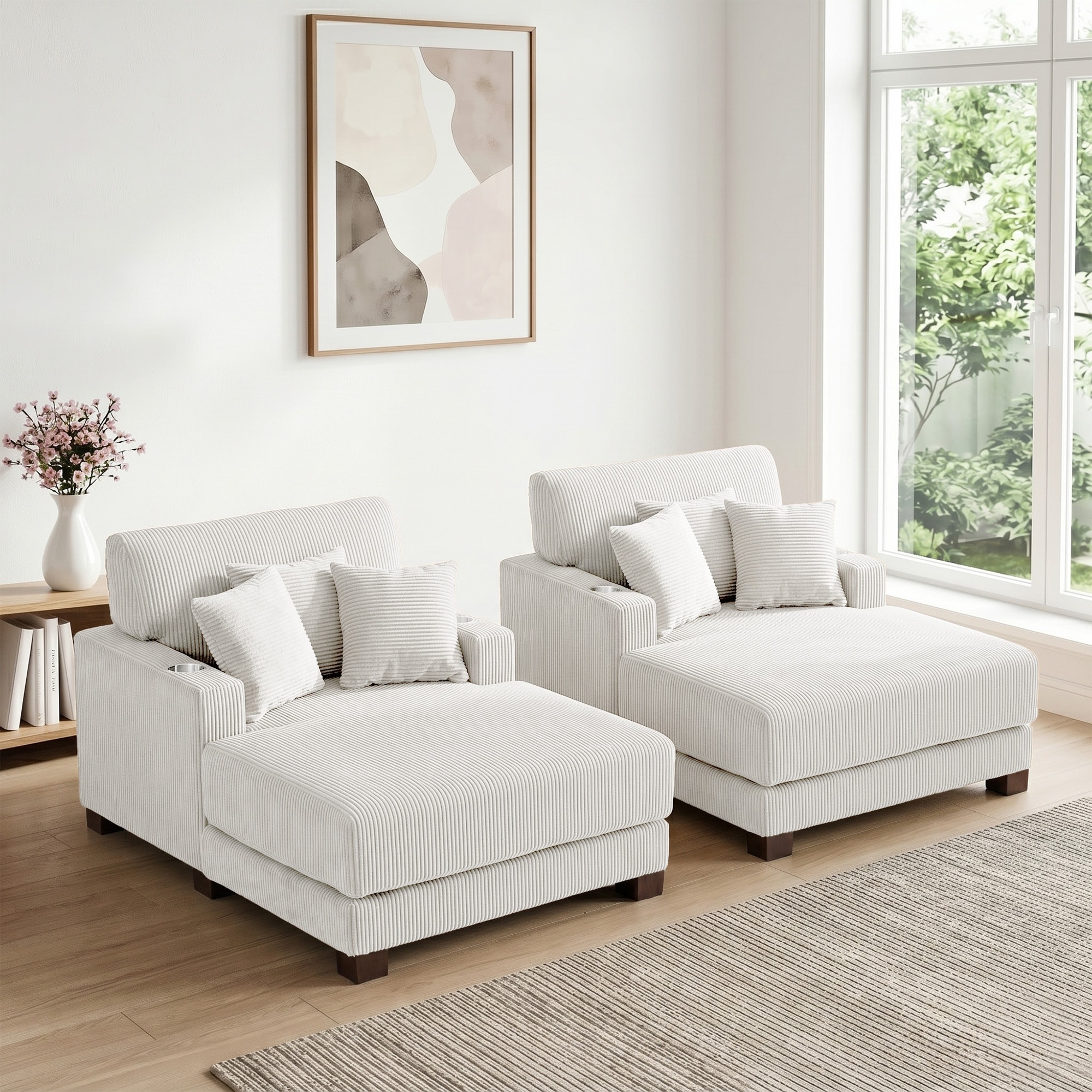 Set of 2 Upholstered Flannel Corduroy Sofa Cup Holder Chaise with Pillows
