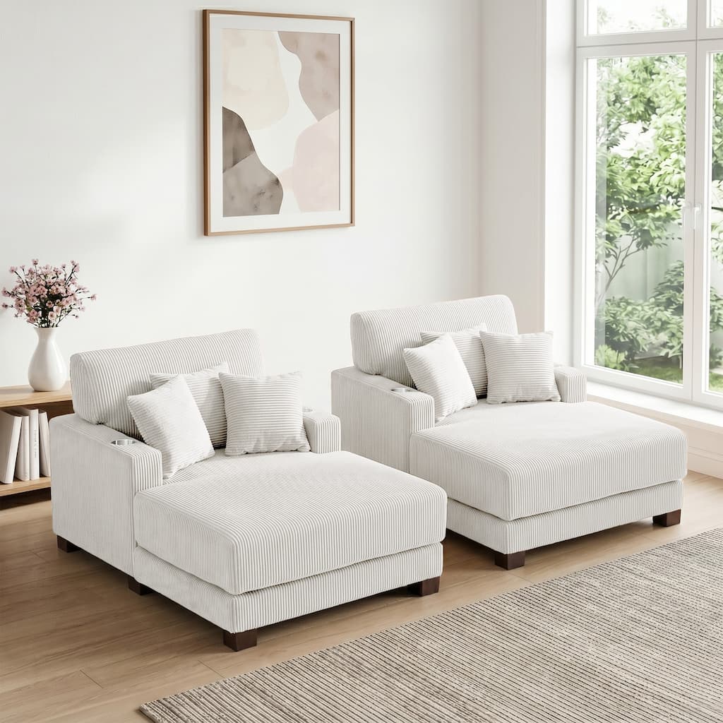 Set of 2 Upholstered Flannel Corduroy Sofa Cup Holder Chaise with Pillows