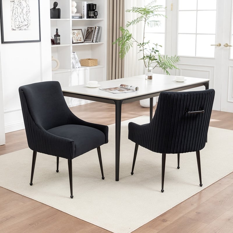 SEYNAR Modern Glam Velvet Black Metal Legs Dining Chair or Vanity Chair Set of 2 with Rear Handle - Black