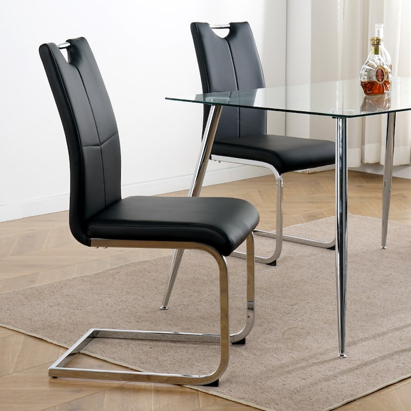 Set of 2 Modern Faux Leather Dining Chairs with Metal Legs - Black/Silver