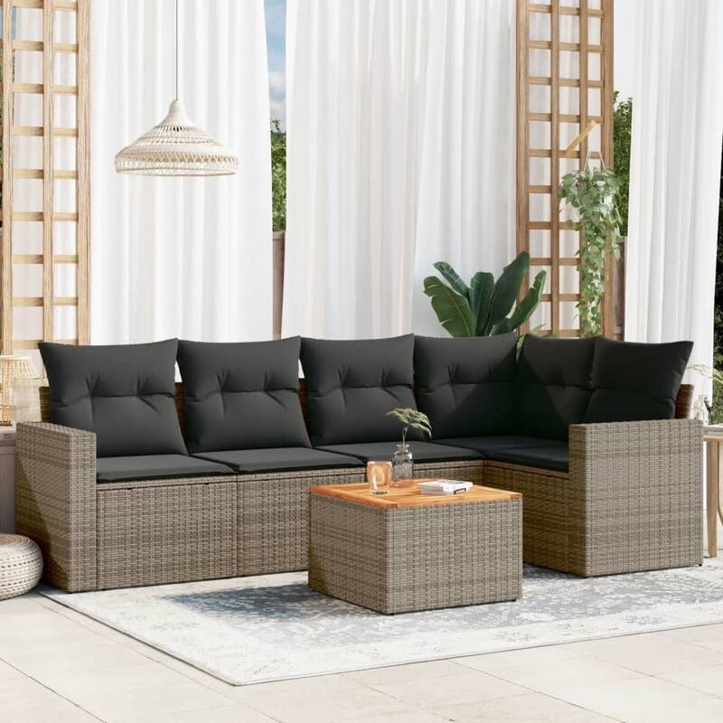vidaXL Patio Sofa Set with Cushions Outdoor Furniture 6 Piece Poly Rattan - Grey - 21.7 x 21.7 x 14.6