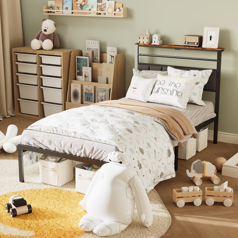 Bed Frame with Storage Shelves and Charging Station