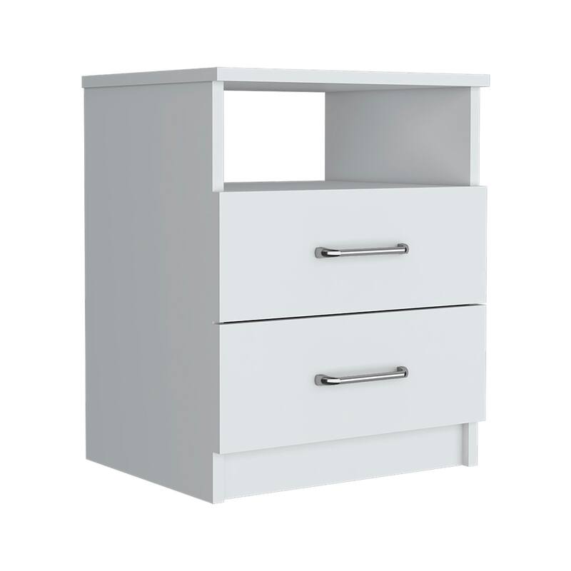 20-Inch White Nightstand with Two Drawers and Open Shelf