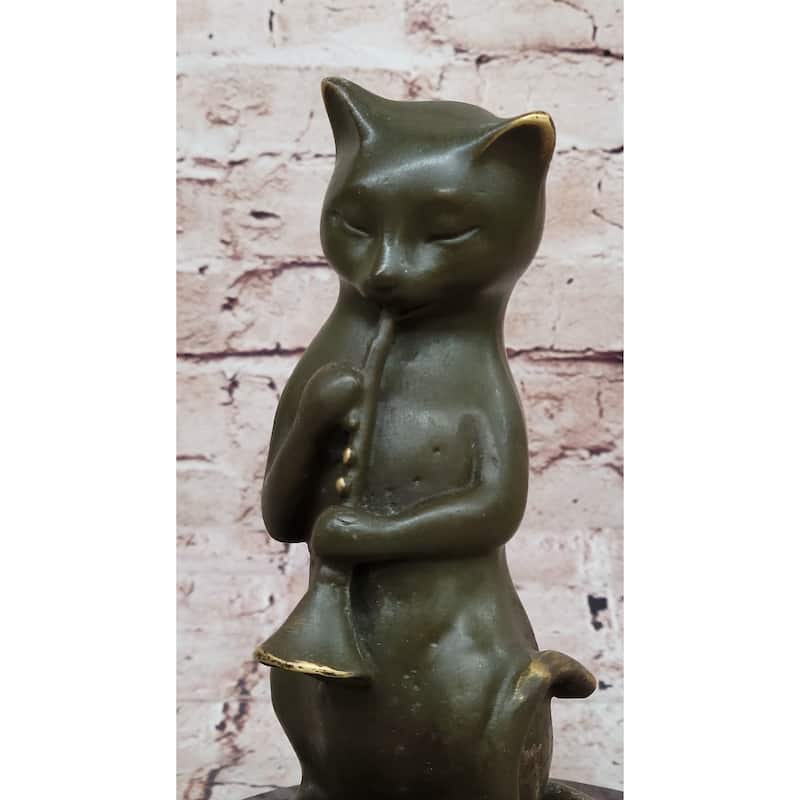 Whimsical Imitative Cat Playing Clarinet Bronze Sculpture On Marble Base
