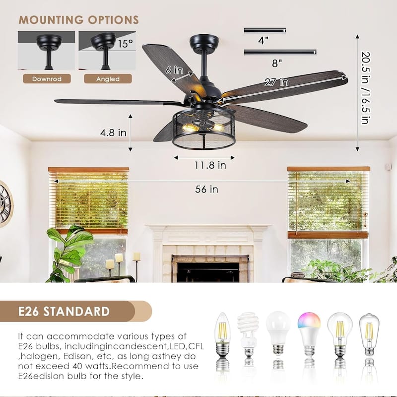 48“ and 56" Farmhouse Caged Light Ceiling Fan with Wood Blades Remote Control for Living Room Bedroom Patio 2*E26 Bulbs