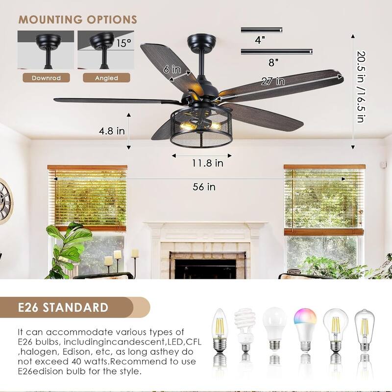 56 Inch Ceiling Fan with Caged Light and Plywood Blades for Farmhouse Living Room Bedroom