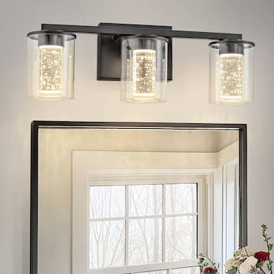 YANSUN 3-Light Black Vanity Light with Tri-Color Adjustable LED (3000/4000/6000K) and Glass Shades - 17.9*3.5*6.3
