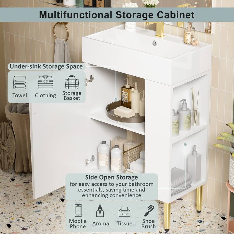 Bathroom Vanity With Combo Cabinet And Single Ceramic Sink, Right Side Storage, 21.6 Inches