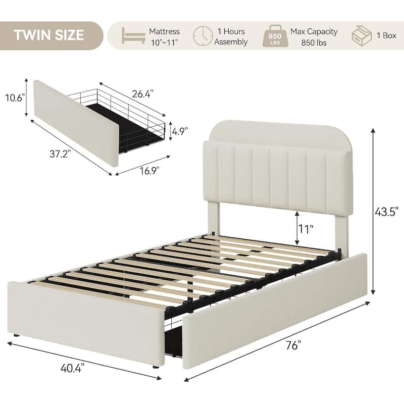 Bed Frame with 2 Drawers, Boucle Upholstered