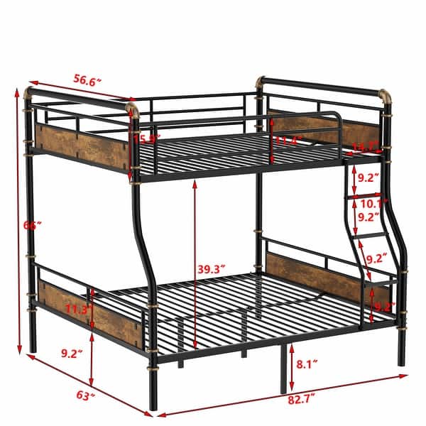 Full XL Over Queen Metal Bunk Bed with Ladder, Safety Guardrails & Rustic Wood Accents