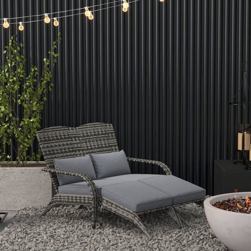 Outsunny Wicker Adirondack Chair for 2 with Cushions & Footrests, PE Rattan Fire Pit Chair - Grey