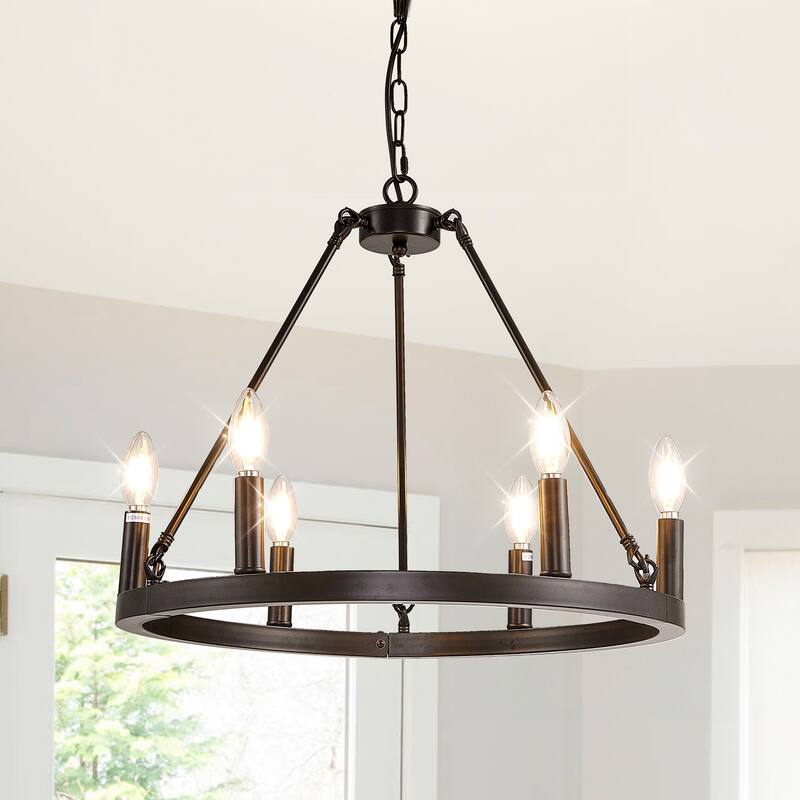 6 - Light Candle Style Wagon Wheel Chandelier - Black