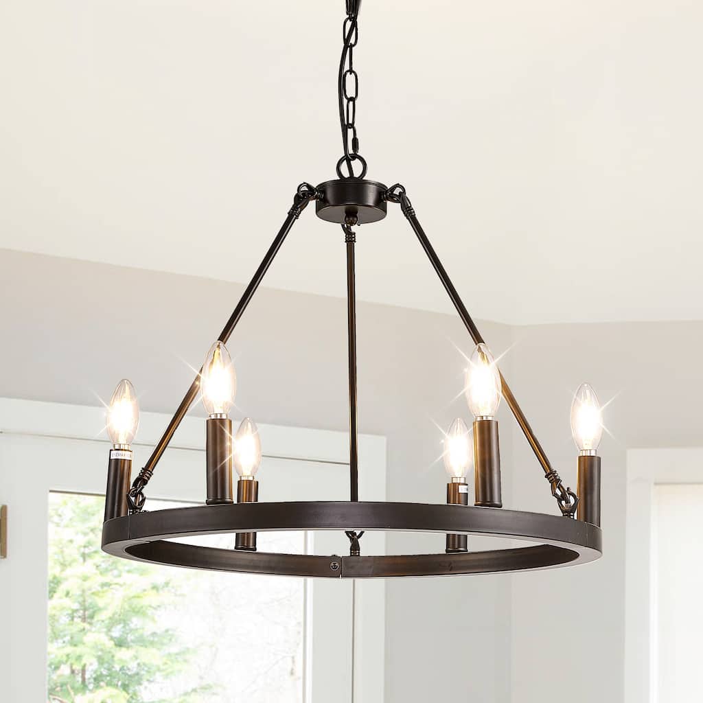 Black Farmhouse Chandelier, 6-Light Wagon Wheel Chandelier with Adjustable Height