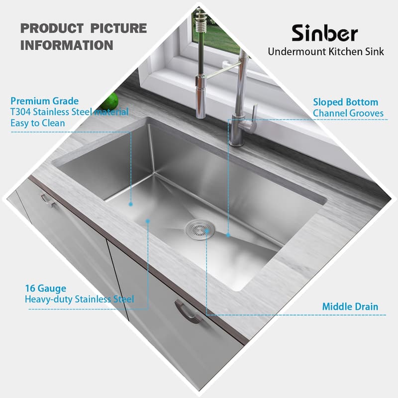 Sinber Undermount Single Bowl 304 Stainless Steel Kitchen Sink