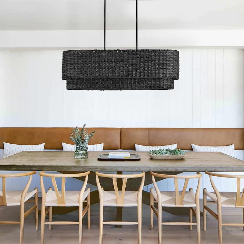 Farmhouse 3-Light Handwoven Rattan Large Shades Pendant Light for Kitchen Island
