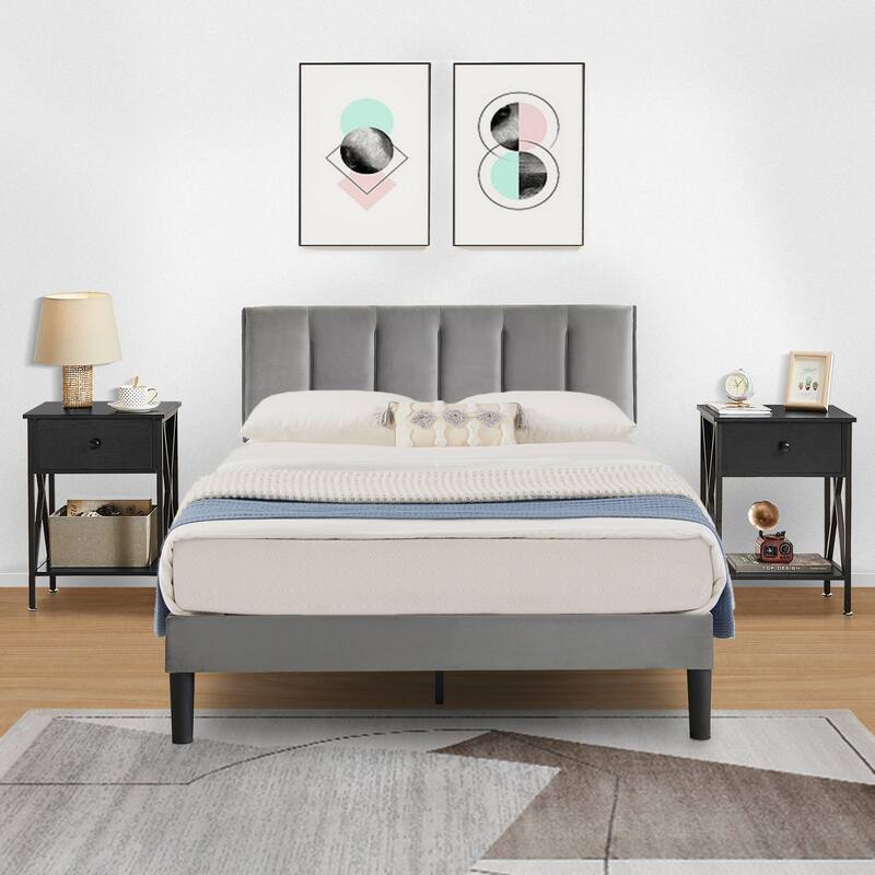 VECELO 3-Pieces Bedroom Sets Upholstered Bed Frame and Nightstands Set of 2 Dark Grey Platform Bed Frame - Black - Queen