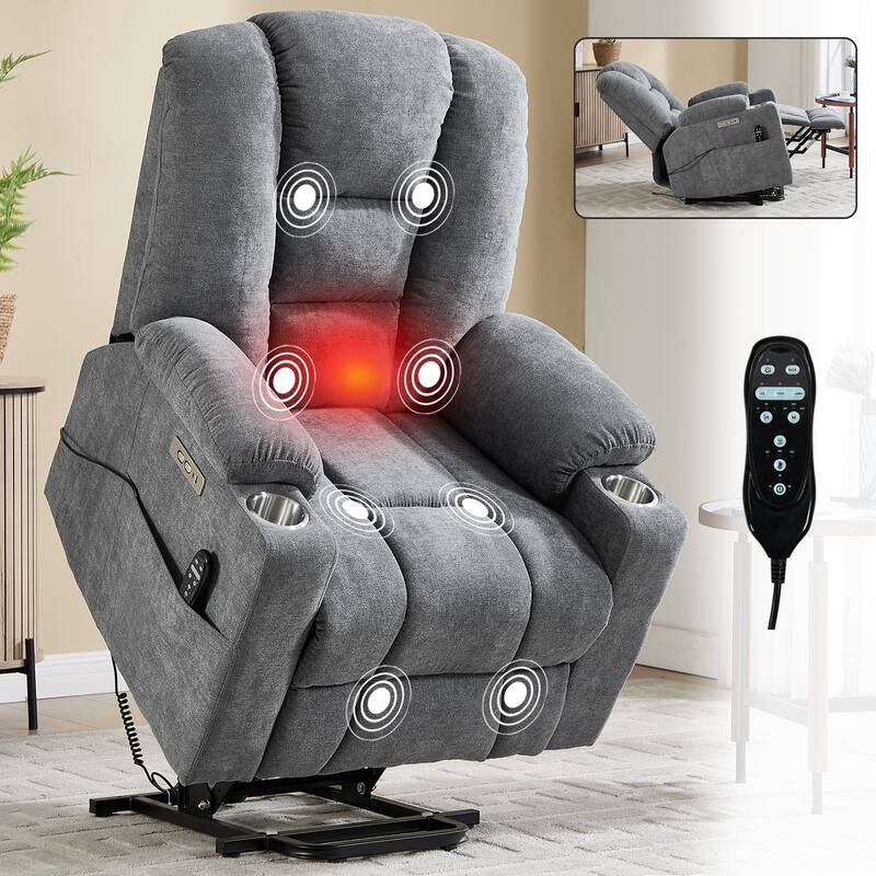 Roomfitters Oversized Power Lift Recliner, Massage Chair with USB A & C Ports and Dual Steel Cup Holders - Grey