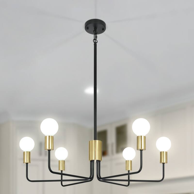 6-Light 30.15"W Kitchen Island Modern Chandeliers for Living Room - Black+Brass