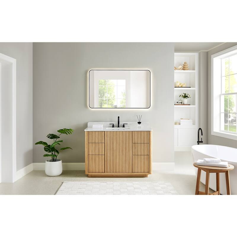 Clayton Bathroom Vanity in Washed Light Brown with Grain White Engineered Stone Countertop without Mirror