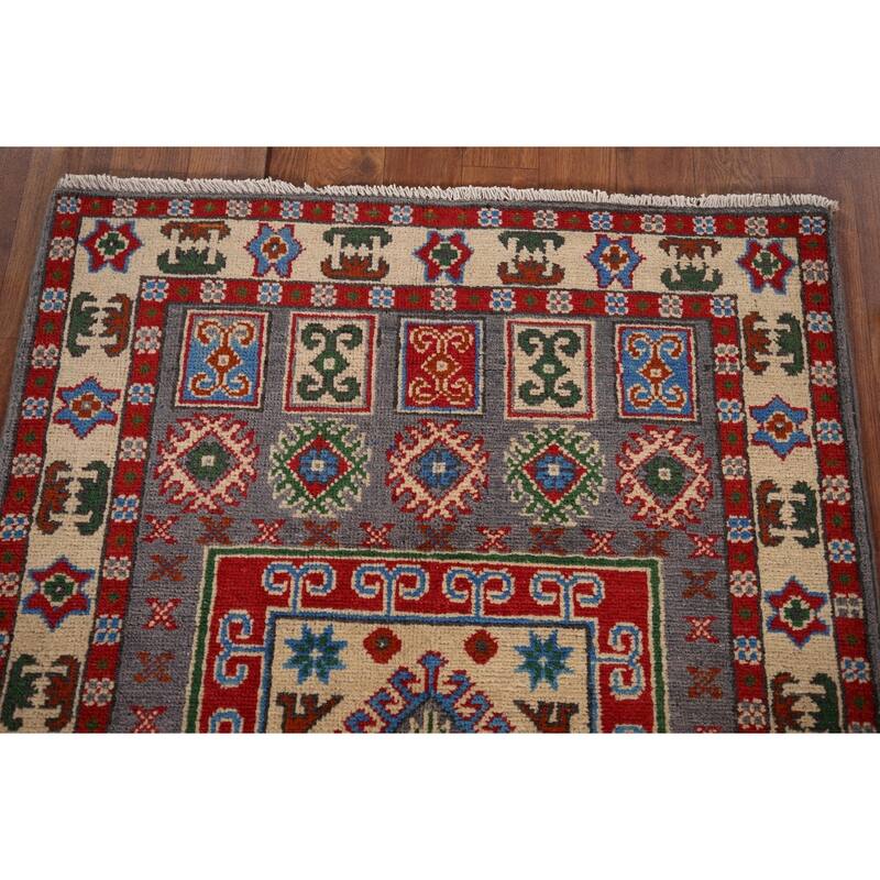 Geometric Grey Kazak Foyer Rug Hand-Knotted Wool Carpet - 2'8" x 3'11"