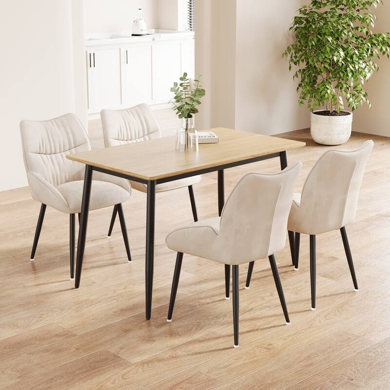 Stylish Dining Table Set for 4-6 People, 5-Piece Modern Wood Grain Table and Velvet Plush Chairs with Black Metal Legs