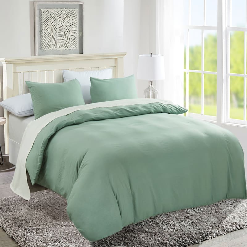 Light-Weight Microfiber Duvet Cover Set with Zipper Closure - Green - Queen