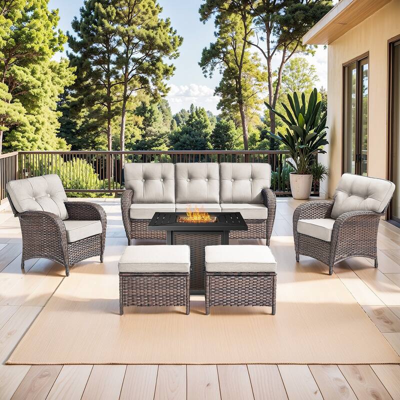 Pocassy Outdoor 30 In Fire Table with Sofa Patio Chair Set - Brown Wicker Beige Cushion - 8-Piece Sofa Patio Chair Ottoman with Fire Table