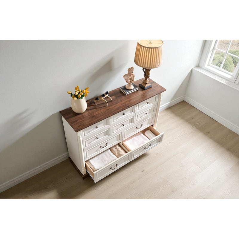 Rustic 10-Drawer Dresser Chest for Bedroom Wooden Base Storage Cabinet Antique Two-Tone Wood Grain for Living Room