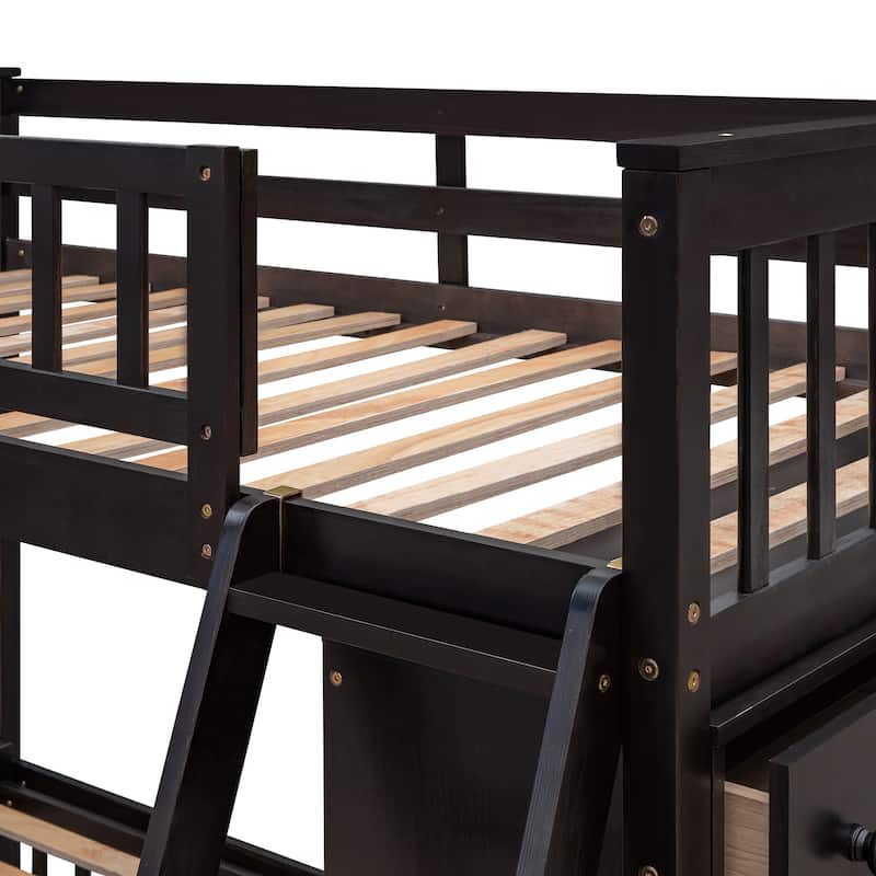 Twin Over Full Bunk Bed with Wheels, 6 Drawers and 3 Shelves