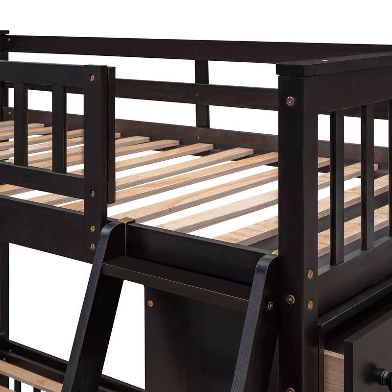 Wooden Twin Over Full Bunk Bed With Six Drawers And Flexible Shelves,Bottom Bed With Wheels,Espresso