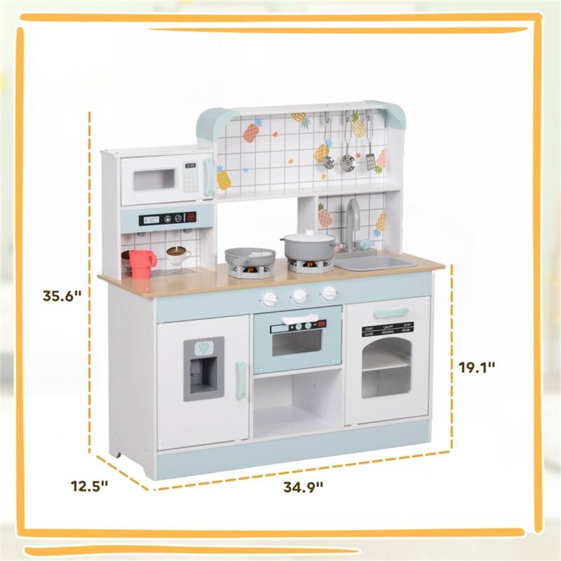Kids Wooden Kitchen Playset with Light Sound Sink Coffee Maker and Storage White Blue Pretend Cooking Toy for Ages 3 and Up