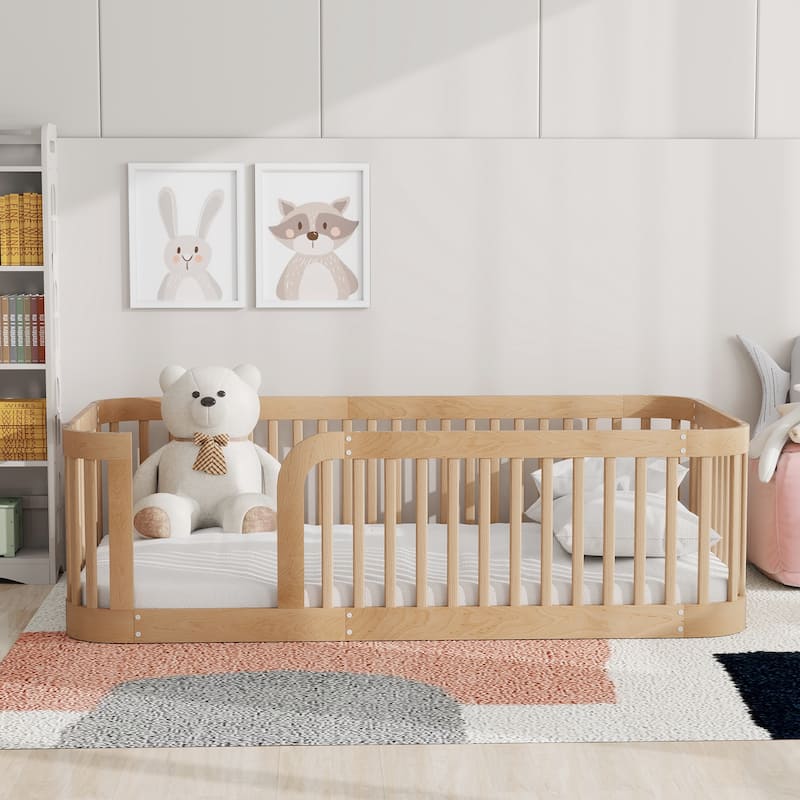 Enchanting Wood Twin Size Floor Bed Frame with Protective Fence by Harper & Bright Designs