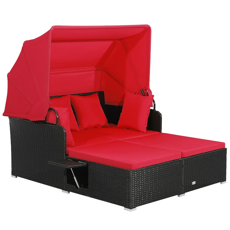 Patio Rattan Daybed Outdoor Loveseat Sofa Set with Retractable Canopy - Red