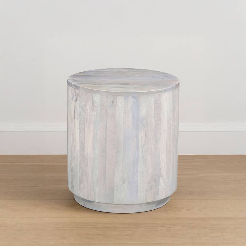Febe Side End Accent Table, 20 Inch Round Top, Cylindrical Plinth Base, Oak White Mango Wood