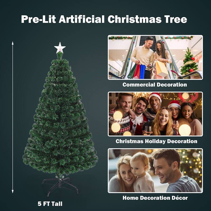 Costway 5' Pre-Lit Fiber Optic Artificial Christmas Tree w/Multicolor - 5 FT