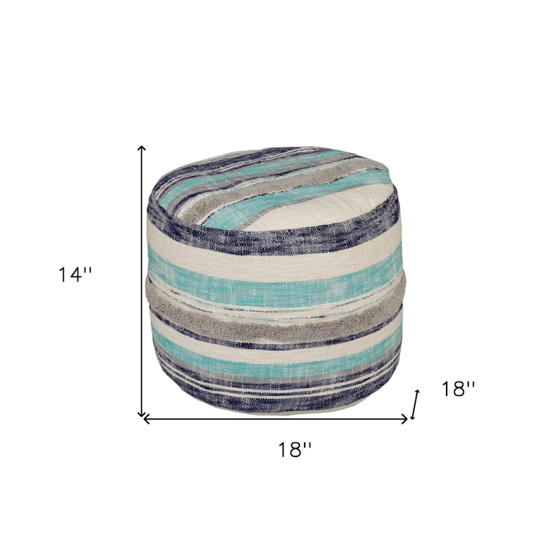 Blue Striped Pouf Ottoman with Cotton Upholstery and Removable Cover Ideal for Living Rooms