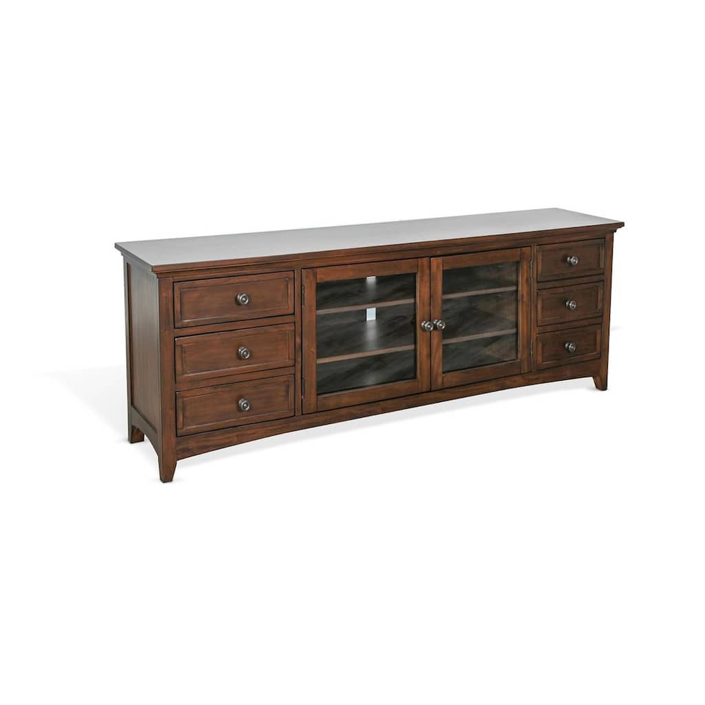Xyla 72 Inch TV Stand Media Cabinet, Glass Door, 6 Drawers, Brown