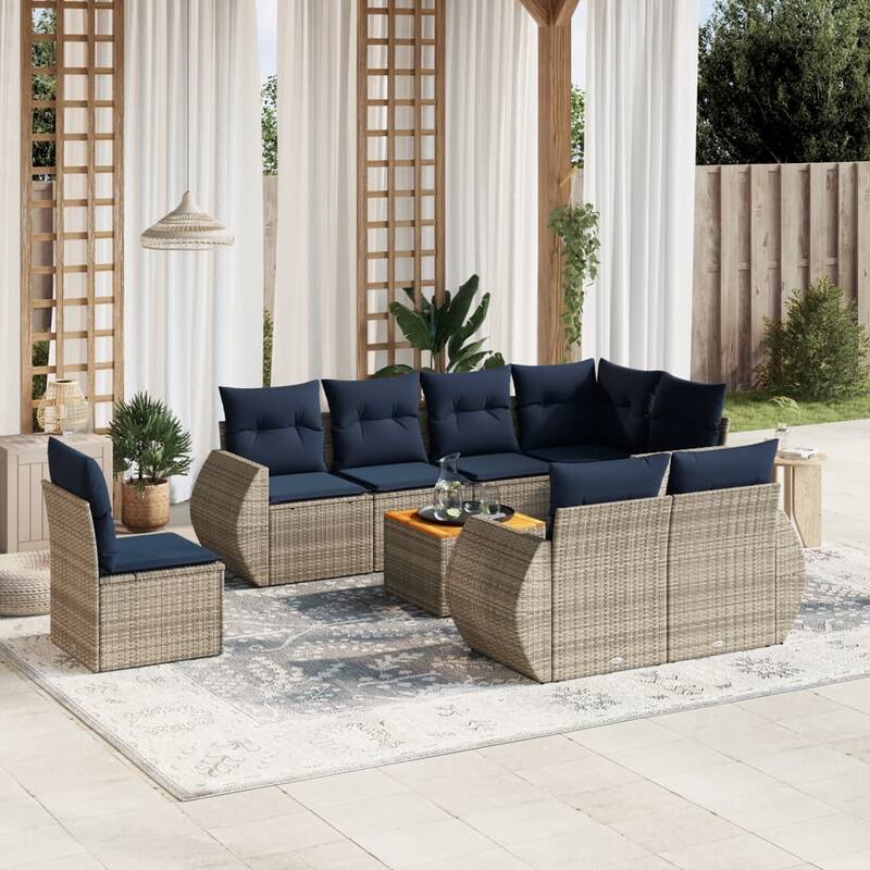 vidaXL 9 Piece Patio Sofa Set with Cushions Gray Poly Rattan - 95.7x33.5x59.9