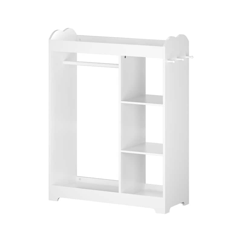 Kids Dress Up Storage with Mirror and Hooks, Wooden Clothes Rack with Hanging Rod, 3 Side Hooks, Storage Shelves and Top Shelf