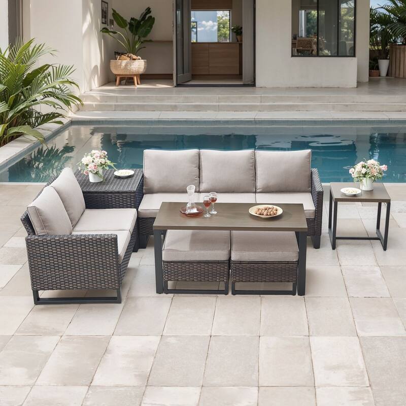 Gymojoy 5 Person All-Weather Wicker Outdoor Conversation Set Seating Group With Side Table And Ottomans - Brown Wicker / Beige Cusion - 7-Piece