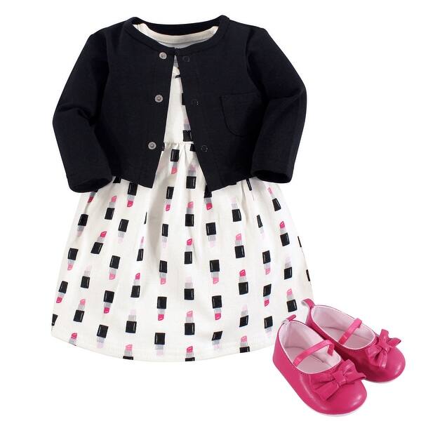 slide 1 of 1, Little Treasure Baby Girl Cotton Dress, Cardigan and Shoe 3pc Set, Lipstick 0-3 Months - Lipstick